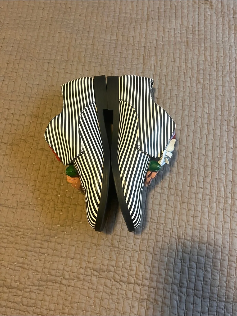 Katy Perry Black & White Striped Slip-On Loafers with Multi-Color Flower Accents